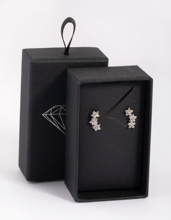 Rhodium Flower Cluster Crawler Stud Earrings