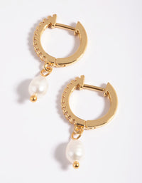 Vergulde Cubic Zirconia Parel Huggie Hoop Oorbellen - link has visual effect only