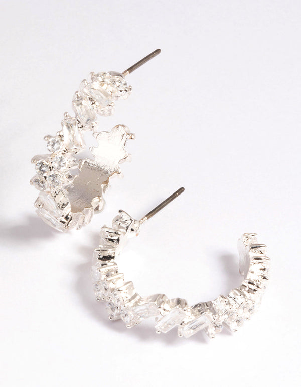 Rhodium Cubic Zirconia Baguette Hoop Earrings