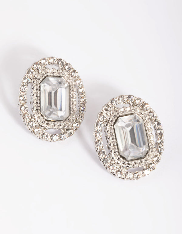 Silver Diamante Oval Stud Earrings