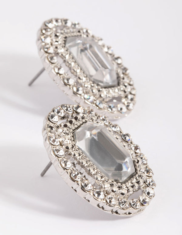 Silver Diamante Oval Stud Earrings