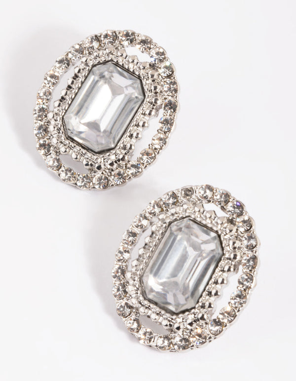 Silver Diamante Oval Stud Earrings