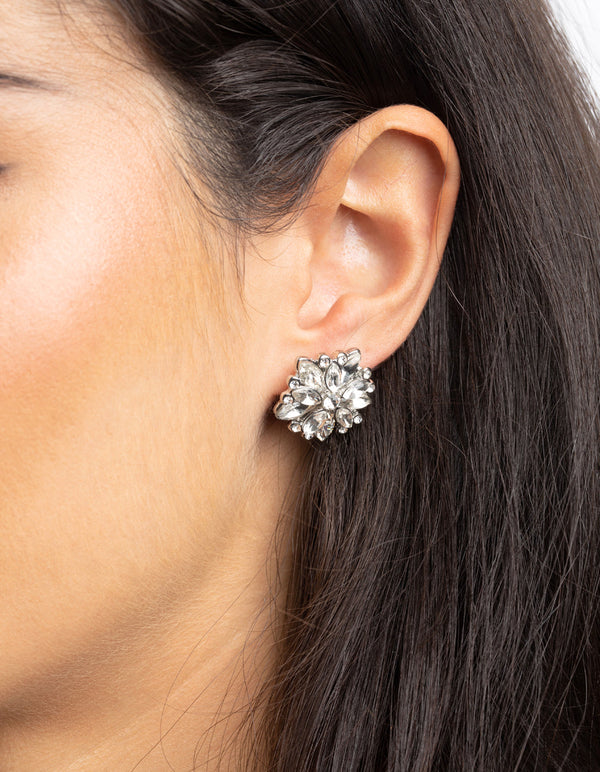 Rhodium Diamante Flower Stud Earrings