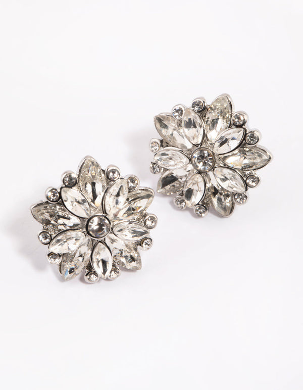 Rhodium Diamante Flower Stud Earrings