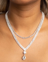 Zilveren diamant traanvormige gelaagde ketting - link has visual effect only