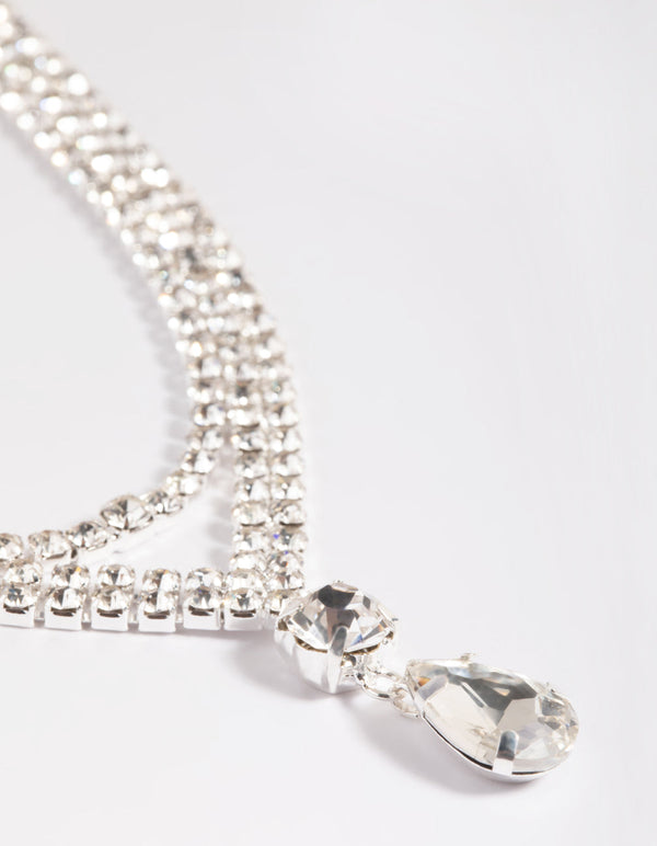 Zilveren diamant traanvormige gelaagde ketting