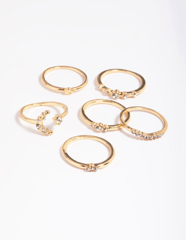 Gold Plated Diamante Celestial Ring Stack Pack