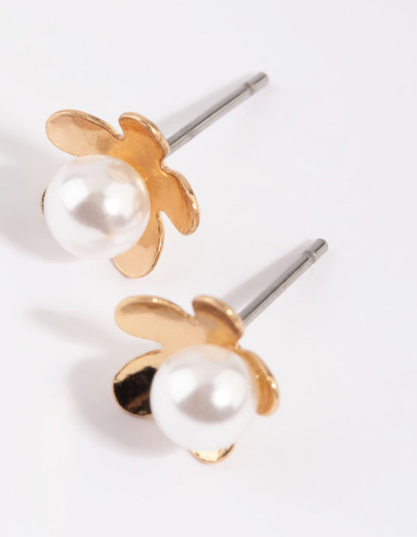 Gold Pearl and Flower Stud Earrings