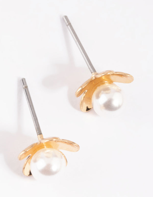 Gold Pearl and Flower Stud Earrings