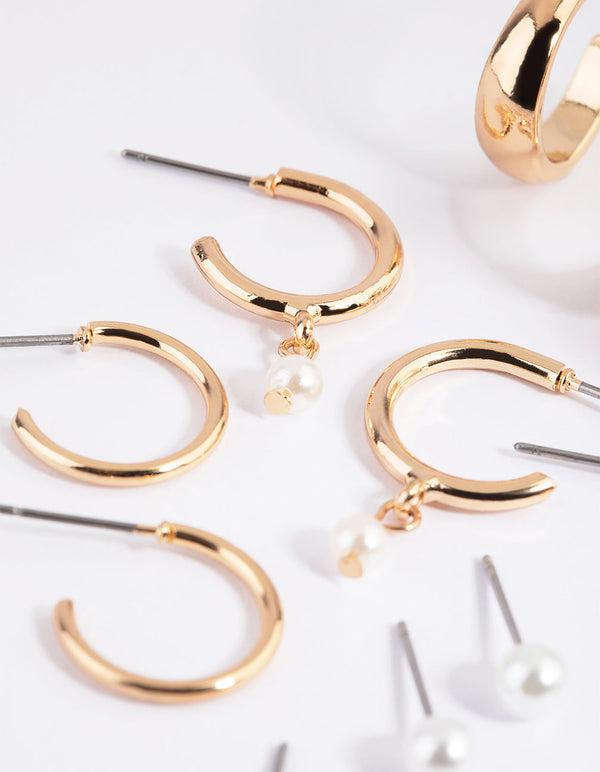 Gold Pearl Stud and Hoop Earring Pack