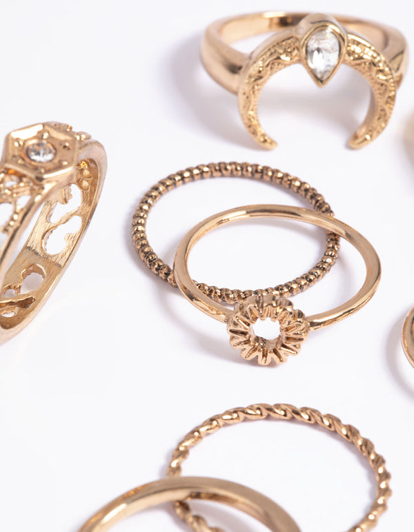 Antique Gold Crescent Ring Stack Pack