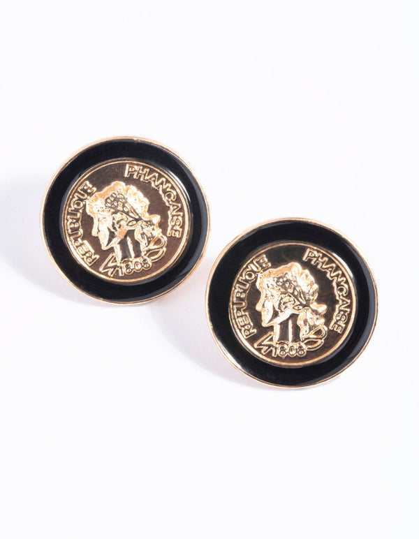 Black Enamel Coin Stud Earrings