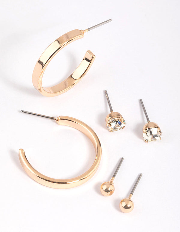 Gold Plain Stud and Hoop Earring Pack