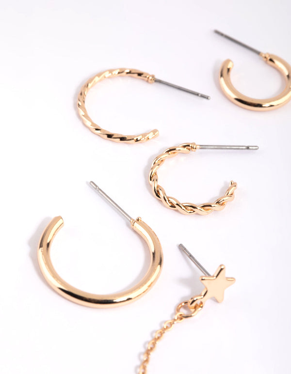 Gold Star and Bolt Huggie Hoop Earrings