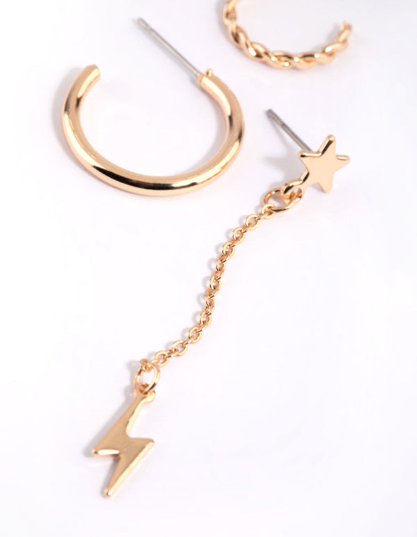 Gold Star and Bolt Huggie Hoop Earrings