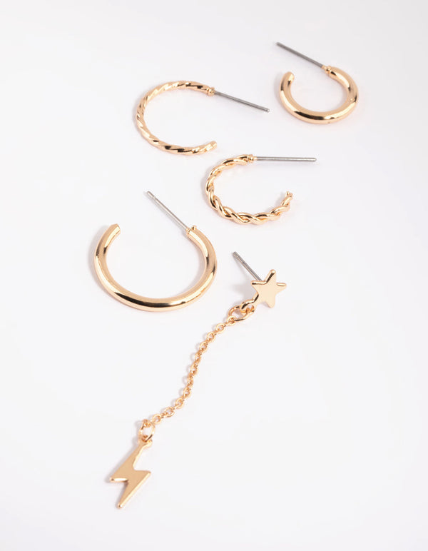 Gold Star and Bolt Huggie Hoop Earrings