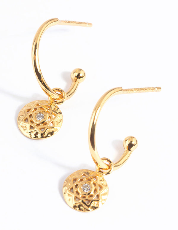 Gold Plated Sterling Silver Celestial Disc Huggie Hoop Earrings