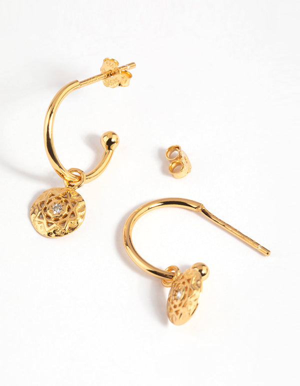 Gold Plated Sterling Silver Celestial Disc Huggie Hoop Earrings