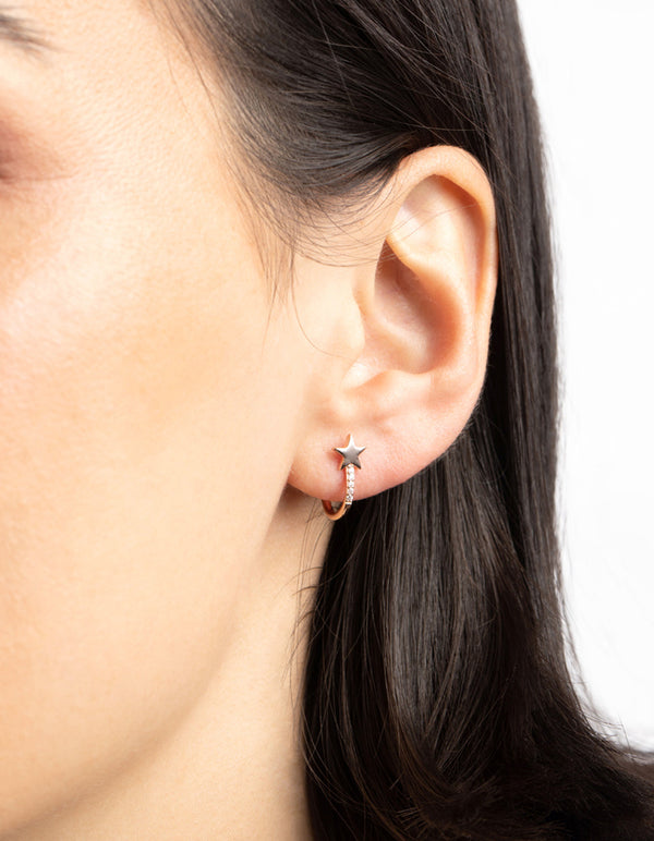Rose Gold Plated Sterling Silver Star Huggie Hoop Earrings