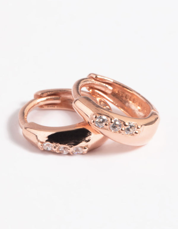 Rose Gold Plated Sterling Silver Cubic Zirconia Huggie Hoop Earrings