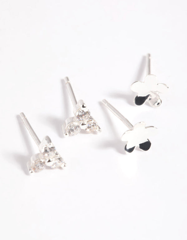 Sterling Silver Cubic Zirconia Floral Stud Earring Pack