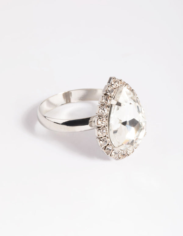 Rhodium Halo Pear Ring