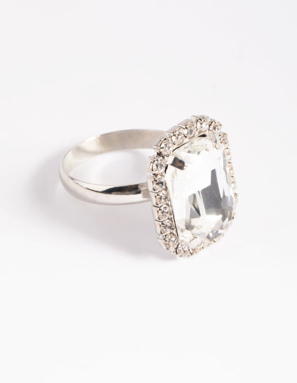 Rhodium Emerald Cut Halo Ring