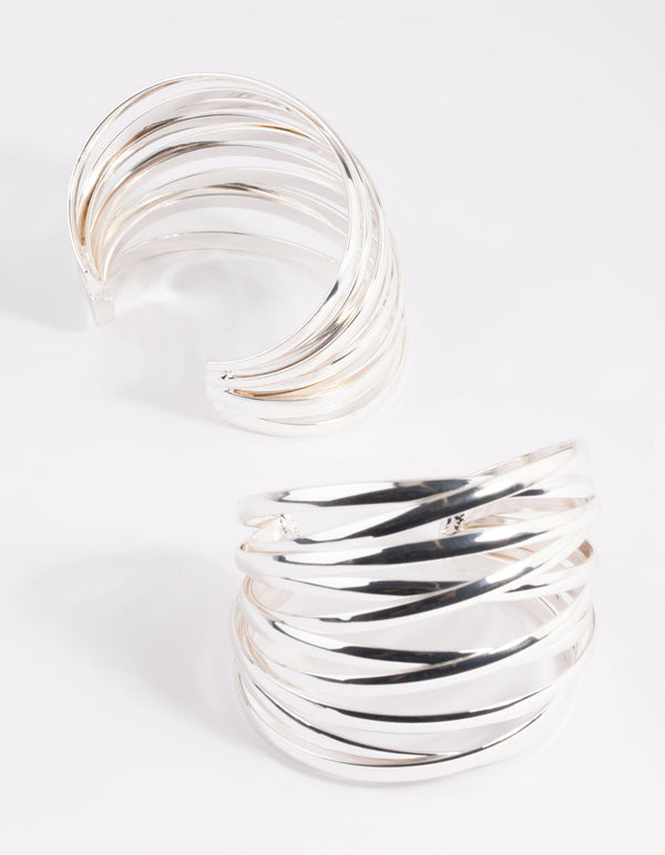 Silver Cross Over Double Cuff Bracelet