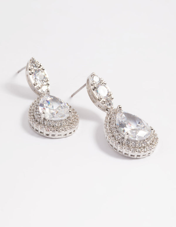 Rhodium Diamond Simulant Oval Halo Drop Earrings