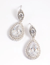 Rhodium Diamond Simulant Oval Halo Drop Earrings - link has visual effect only