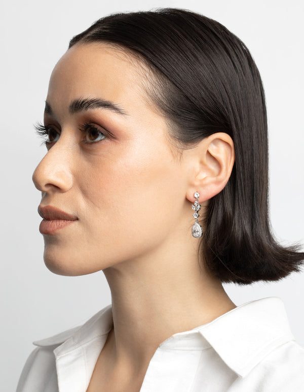Rhodium Diamond Simulant Teardrop Earrings