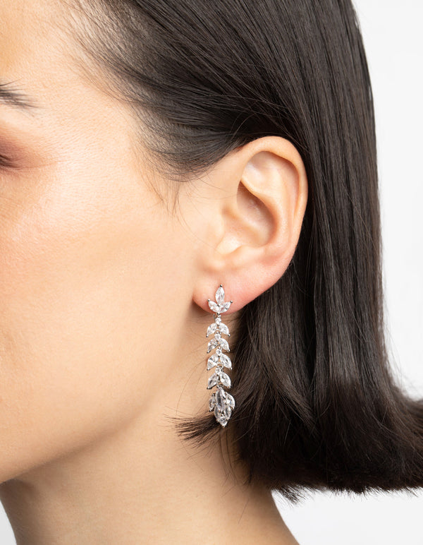 Rhodium Diamond Simulant Vine Drop Earrings