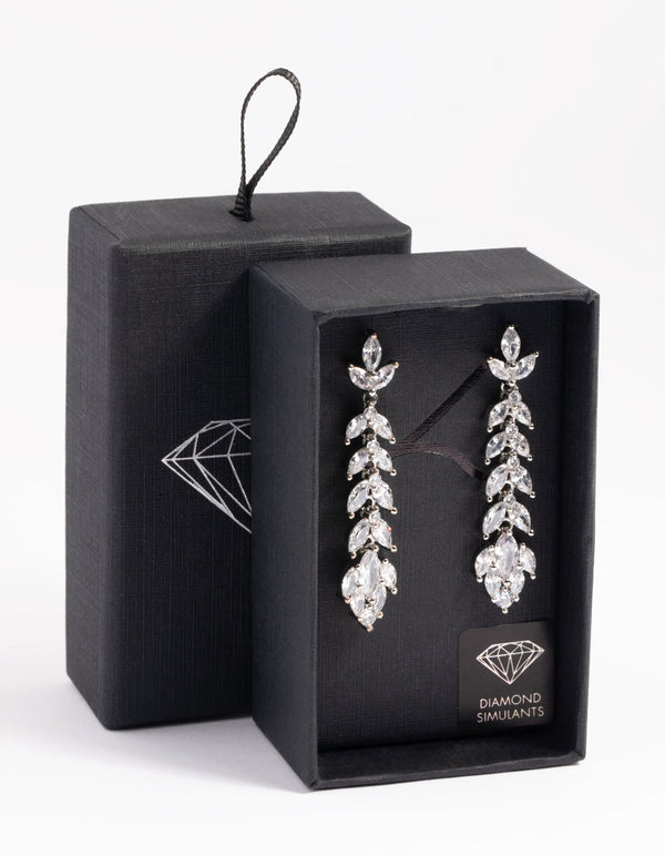 Rhodium Diamond Simulant Vine Drop Earrings