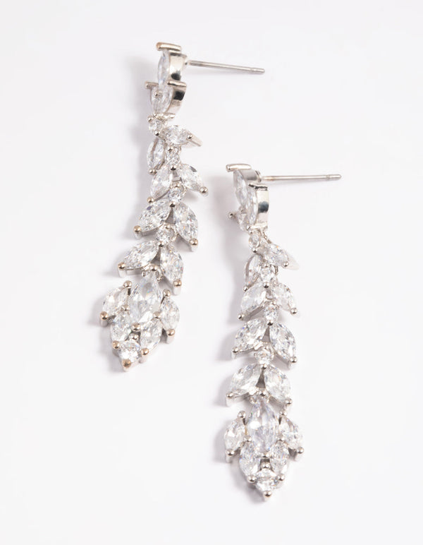 Rhodium Diamond Simulant Vine Drop Earrings