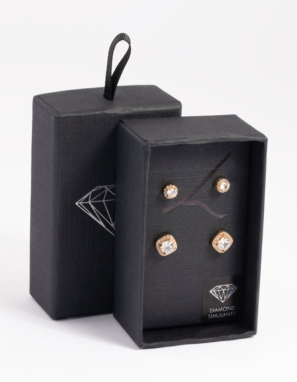 Gold Diamond Simulant Halo Stud Earring Set
