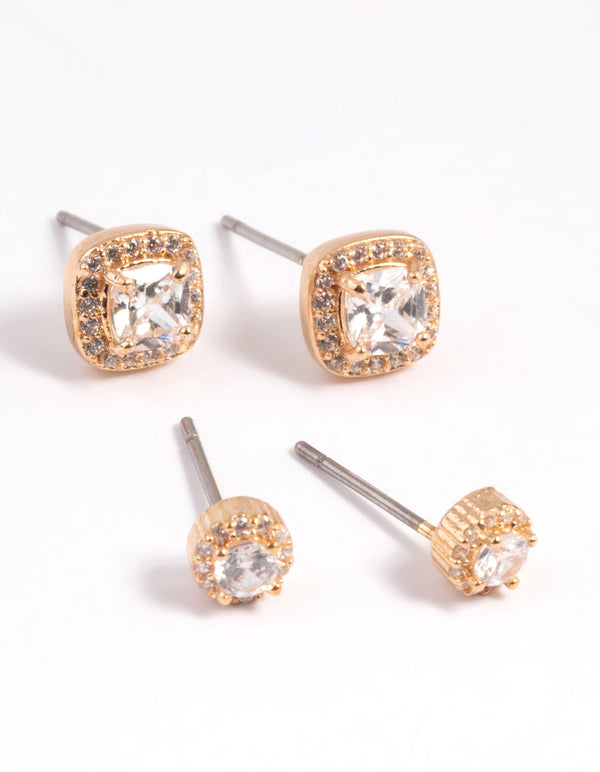 Gold Diamond Simulant Halo Stud Earring Set