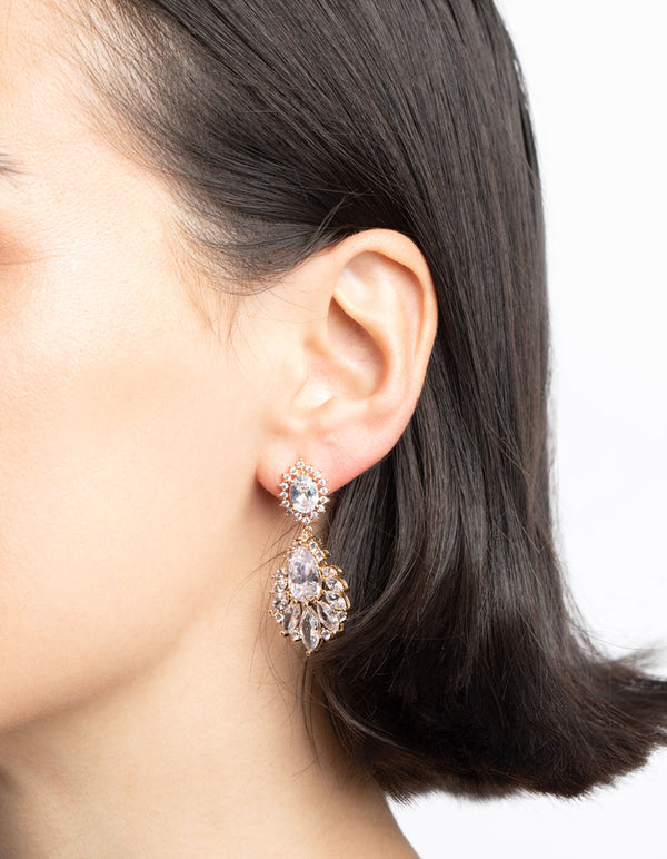 Gold Cubic Zirconia Pear Navette Statement Earrings