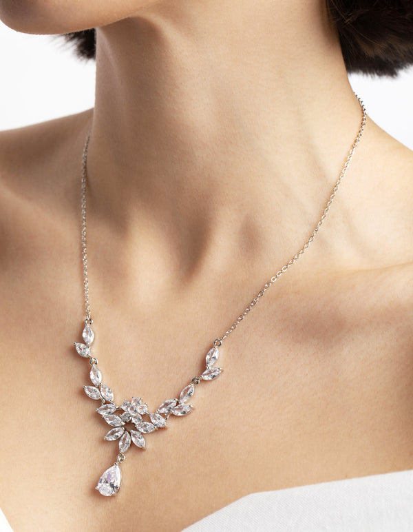 Rhodium Diamond Simulant Teardrop Necklace and Earrings Set