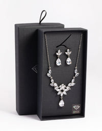 Rhodium Diamond Simulant Teardrop Necklace and Earrings Set - link has visual effect only