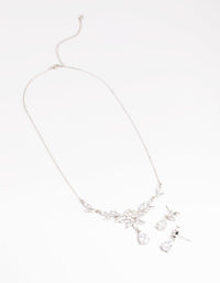 Rhodium Diamond Simulant Teardrop Necklace and Earrings Set - link has visual effect only