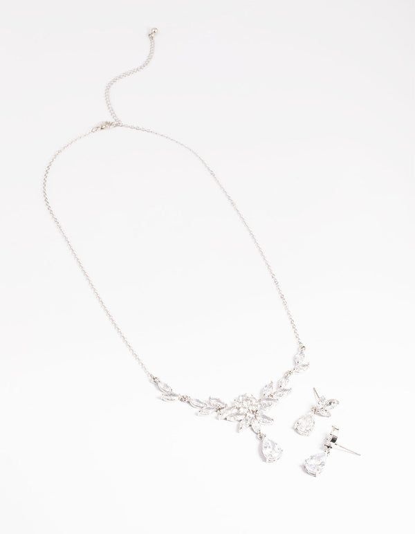 Rhodium Diamond Simulant Teardrop Necklace and Earrings Set