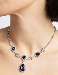 Rhodium Diamond Simulant Sapphire Flower Necklace and Earrings Set - link has visual effect only