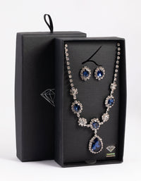 Rhodium Diamond Simulant Sapphire Flower Necklace and Earrings Set - link has visual effect only