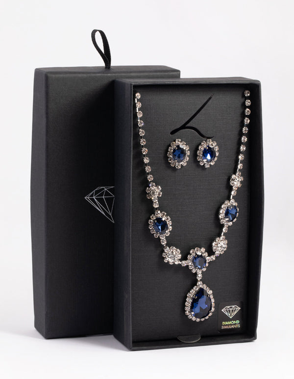 Rhodium Diamond Simulant Sapphire Flower Necklace and Earrings Set