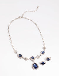 Rhodium Diamond Simulant Sapphire Flower Necklace and Earrings Set - link has visual effect only