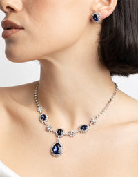Rhodium Diamond Simulant Sapphire Flower Necklace and Earrings Set - link has visual effect only