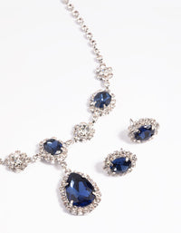 Rhodium Diamond Simulant Sapphire Flower Necklace and Earrings Set - link has visual effect only