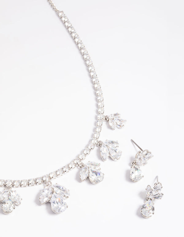 Rhodium Diamond Simulant Flower Necklace and Earrings Set