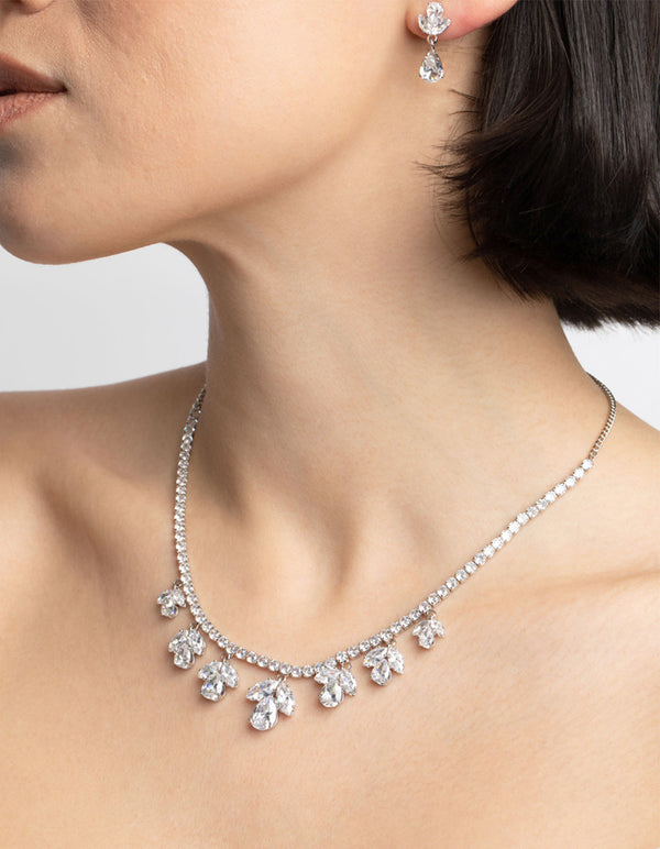Rhodium Diamond Simulant Flower Necklace and Earrings Set
