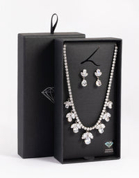 Rhodium Diamond Simulant Flower Necklace and Earrings Set - link has visual effect only
